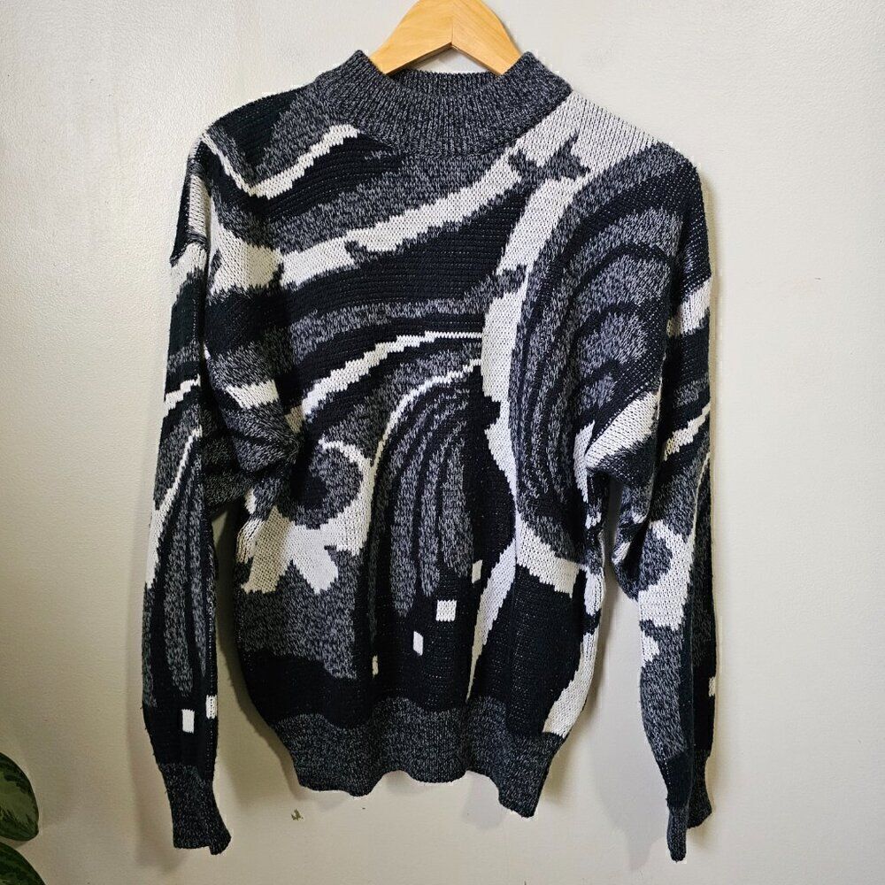 VINTAGE FRONTLINE 80s FUNKY ABSTRACT PATTERN MOCK NECK PULLOVER SWEATER SIZE M
